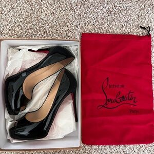 Christian Louboutin Black Patent Peep-Toe Pumps with Red Soles
